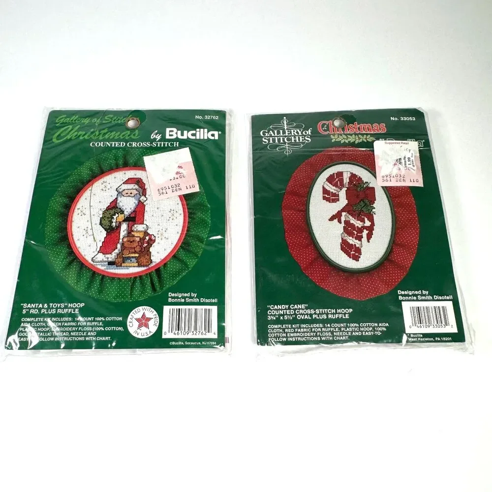 Bucilla Counted Cross Stitch Candy Cane Hoop Kit Santa & Toys Christmas LOT of 2